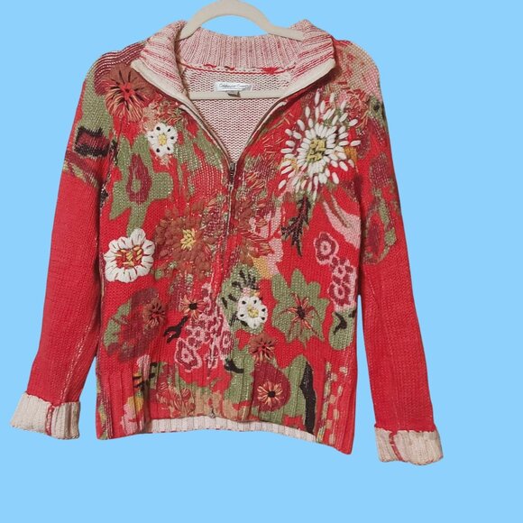 Vintage Embroidery Floral Grannycore Knit Boho Zip Up Festival Red XS Sweater - Picture 3 of 7